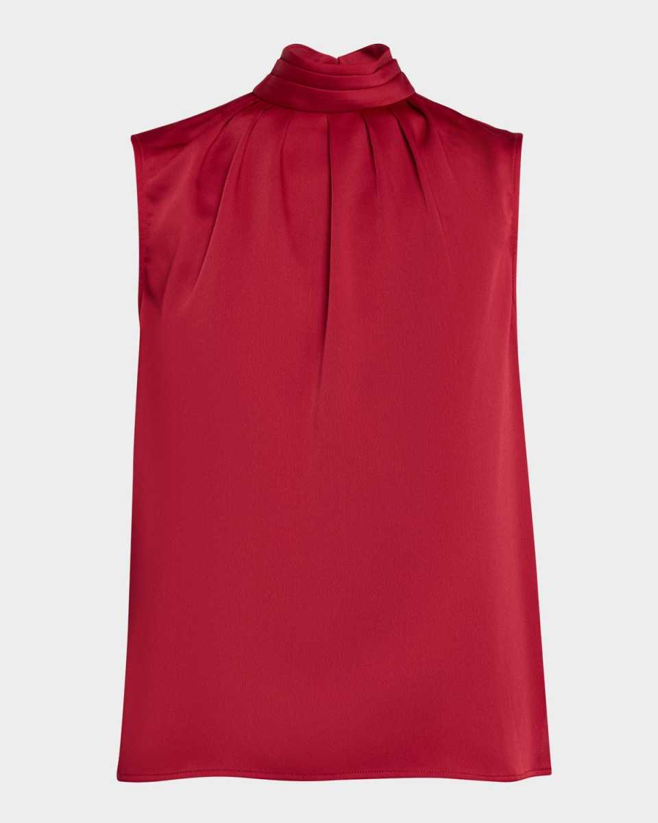 Pleated Mock Neck Crepe de Chine Blous